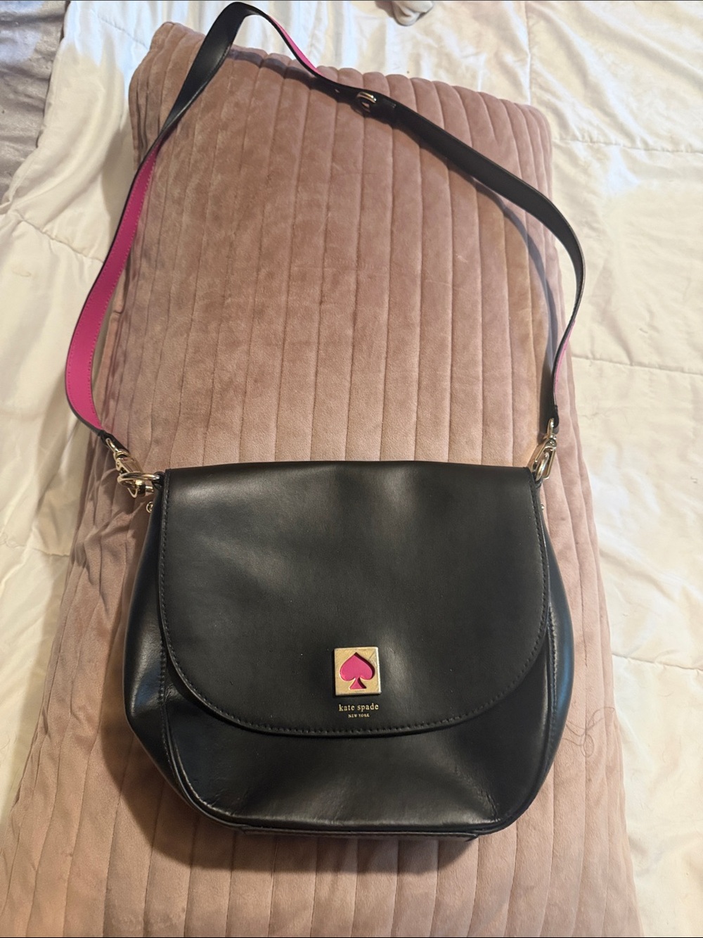 kate spade Black Leather Crossbody with Pink Accent Strap and Logo